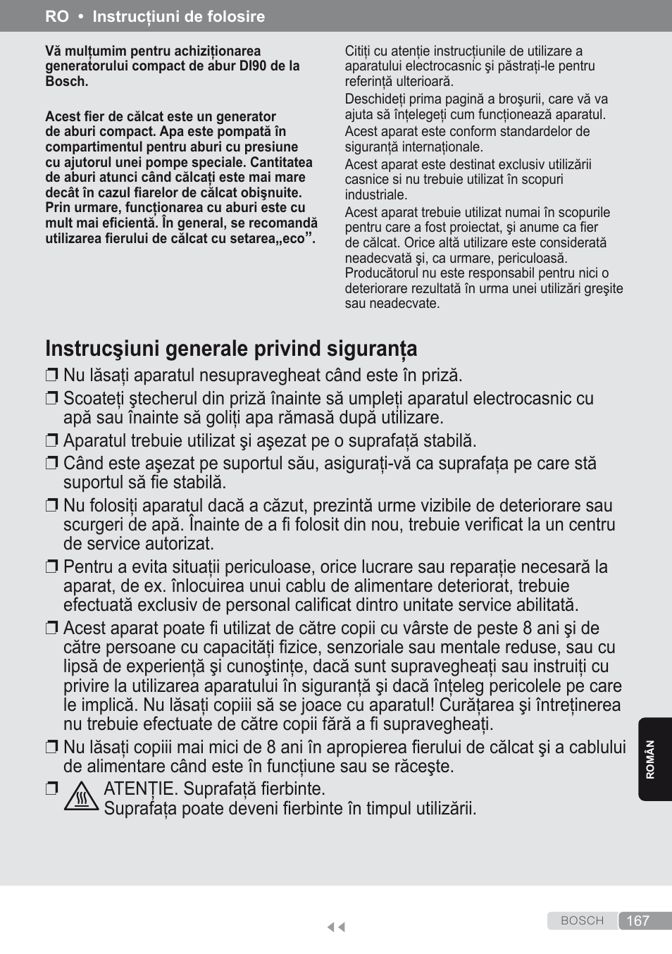 Român, Instrucşiuni generale privind siguranţa | Bosch Kompakt-Dampfgenerator Sensixx´x DI90 AntiShine TDI902836A magic night blue weiß User Manual | Page 167 / 188
