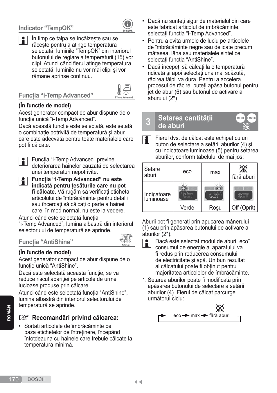 3 setarea cantităţiide aburi, Setarea cantităţii de aburi | Bosch Kompakt-Dampfgenerator Sensixx´x DI90 AntiShine TDI902836A magic night blue weiß User Manual | Page 170 / 188