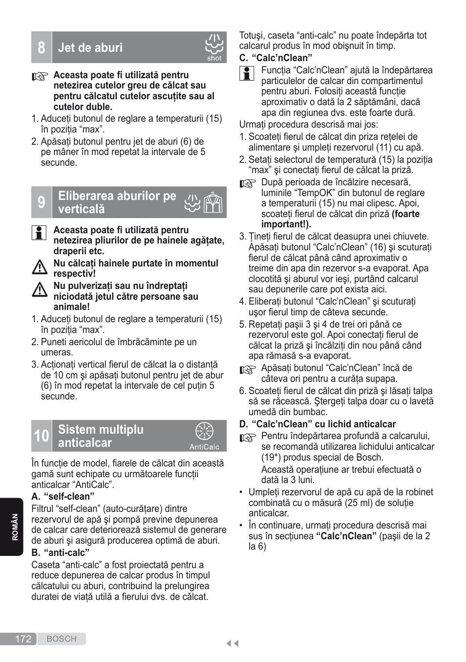 8 jet de aburi, 9 eliberarea aburilor pe verticală, 10 sistem multiplu anticalcar | Bosch Kompakt-Dampfgenerator Sensixx´x DI90 AntiShine TDI902836A magic night blue weiß User Manual | Page 172 / 188