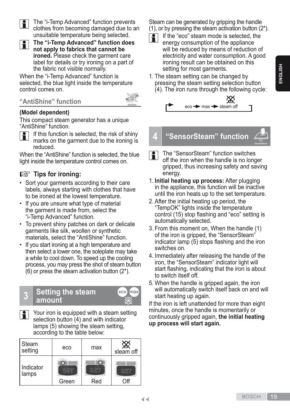 3 setting the steamamount, 4 “sensorsteam” function | Bosch Kompakt-Dampfgenerator Sensixx´x DI90 AntiShine TDI902836A magic night blue weiß User Manual | Page 19 / 188