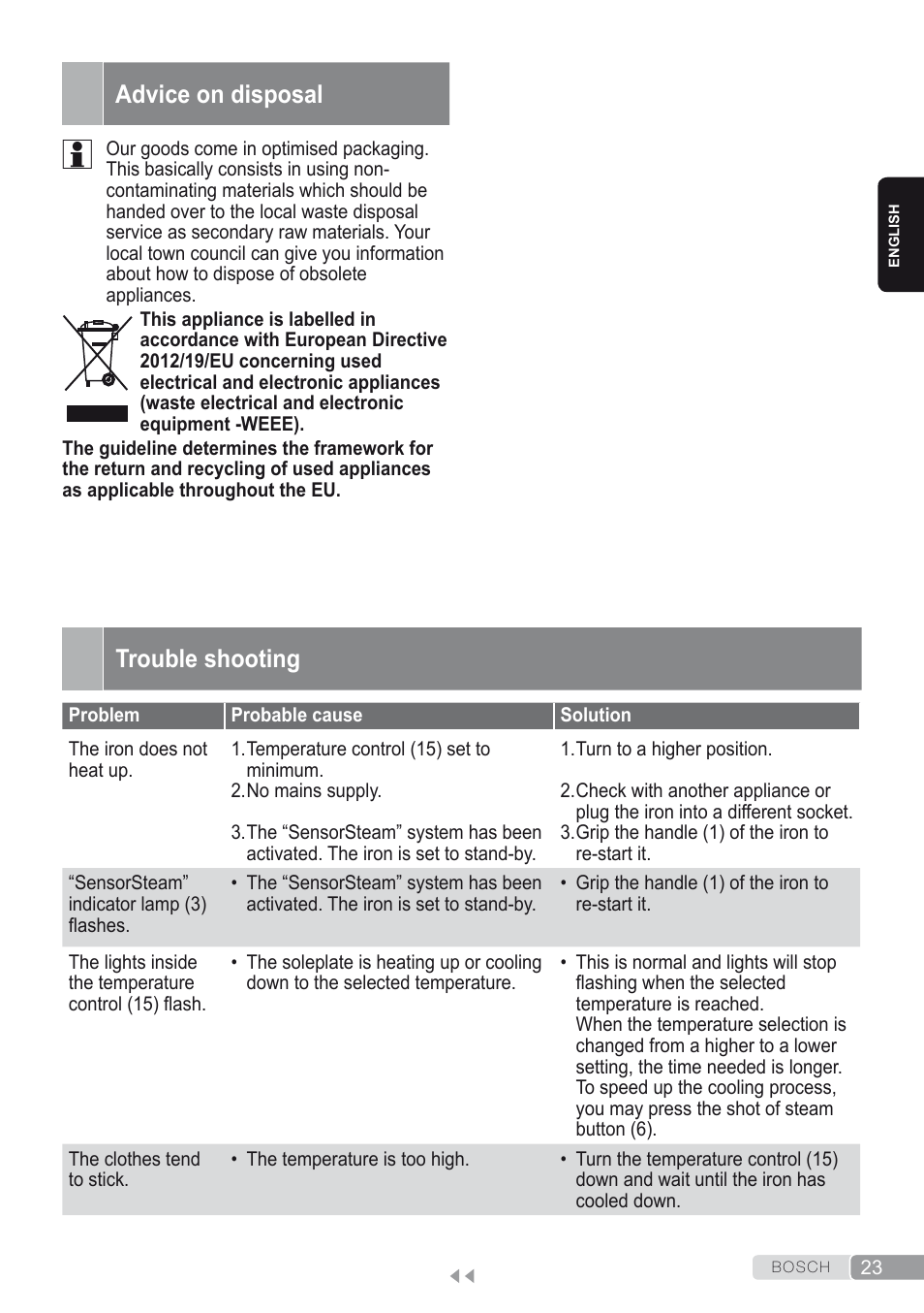 Advice on disposal, Trouble shooting | Bosch Kompakt-Dampfgenerator Sensixx´x DI90 AntiShine TDI902836A magic night blue weiß User Manual | Page 23 / 188