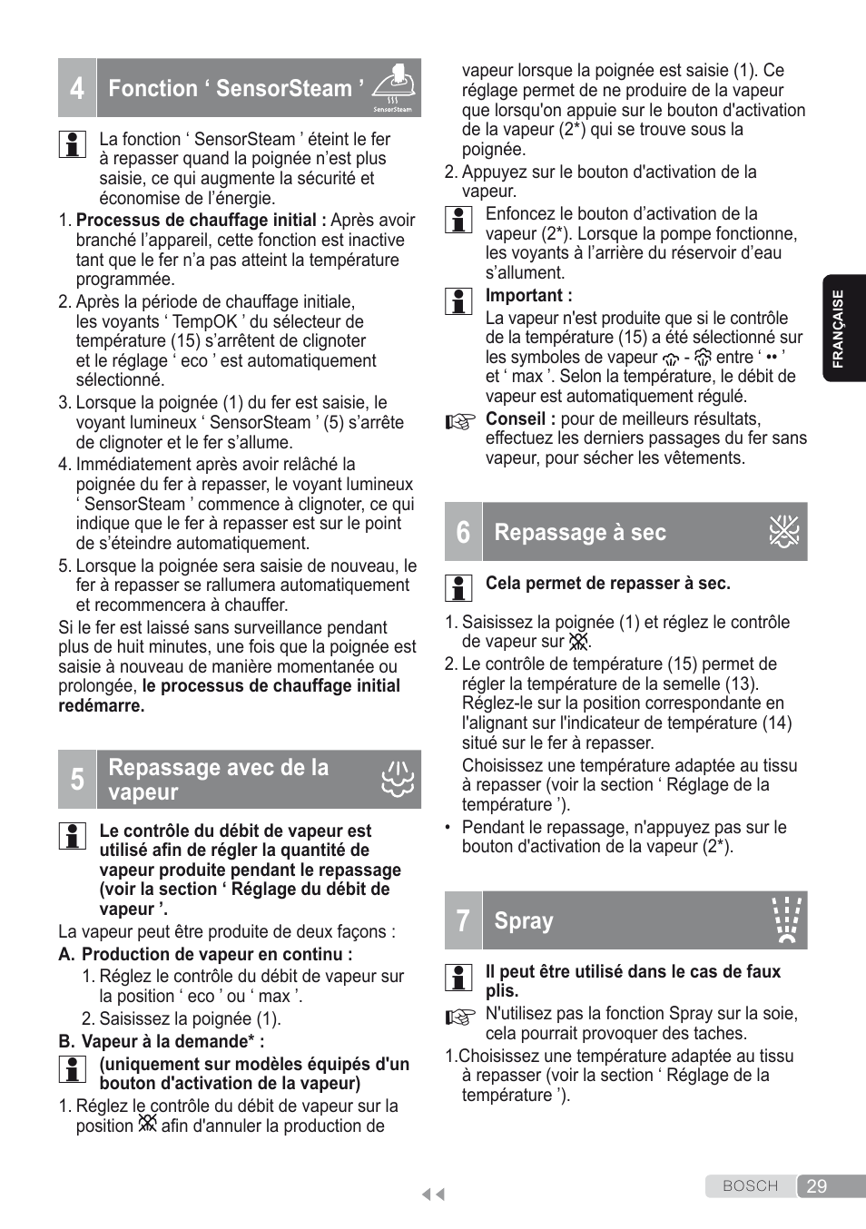 4 fonction ‘ sensorsteam, 5 repassage avec de la vapeur, 6 repassage à sec | 7 spray | Bosch Kompakt-Dampfgenerator Sensixx´x DI90 AntiShine TDI902836A magic night blue weiß User Manual | Page 29 / 188