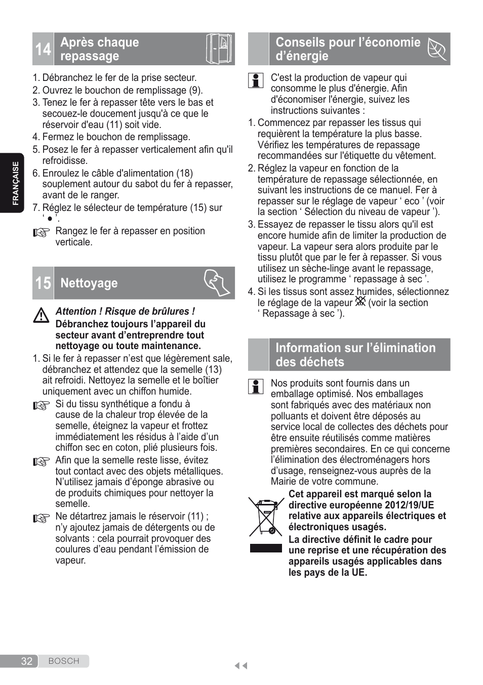 14 après chaque repassage, 15 nettoyage, Conseils pour l’économie d’énergie | Information sur l’élimination des déchets | Bosch Kompakt-Dampfgenerator Sensixx´x DI90 AntiShine TDI902836A magic night blue weiß User Manual | Page 32 / 188