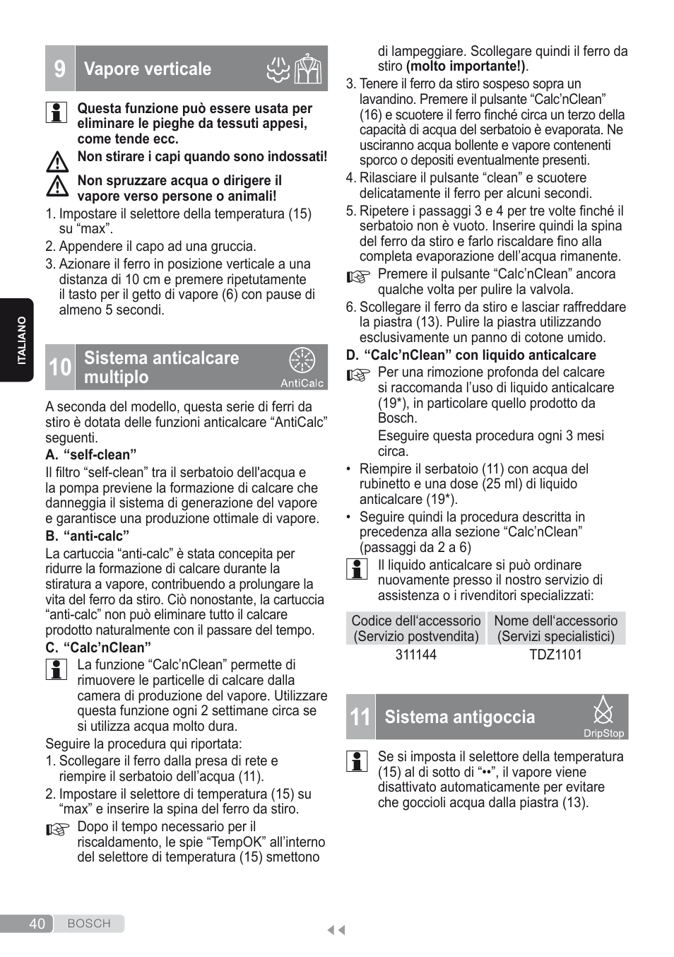 9 vapore verticale, 10 sistema anticalcare multiplo, 11 sistema antigoccia | Bosch Kompakt-Dampfgenerator Sensixx´x DI90 AntiShine TDI902836A magic night blue weiß User Manual | Page 40 / 188