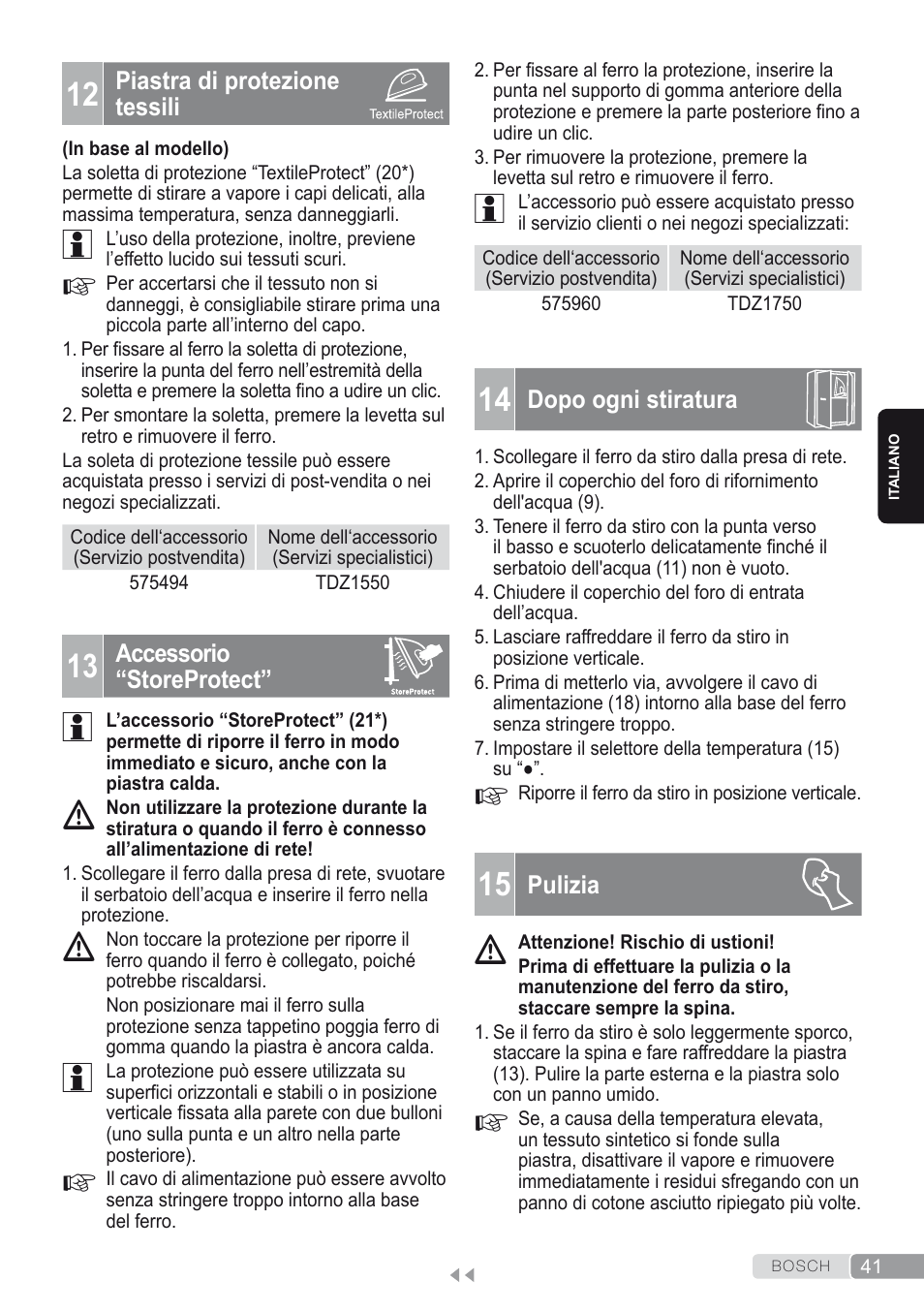 12 piastra di protezione tessili, 13 accessorio “storeprotect, 14 dopo ogni stiratura | 15 pulizia | Bosch Kompakt-Dampfgenerator Sensixx´x DI90 AntiShine TDI902836A magic night blue weiß User Manual | Page 41 / 188
