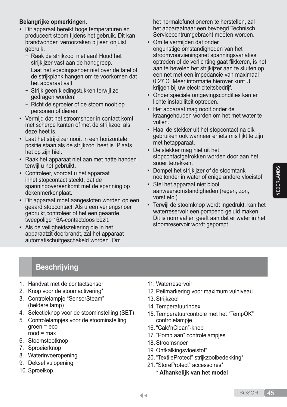 Beschrijving | Bosch Kompakt-Dampfgenerator Sensixx´x DI90 AntiShine TDI902836A magic night blue weiß User Manual | Page 45 / 188