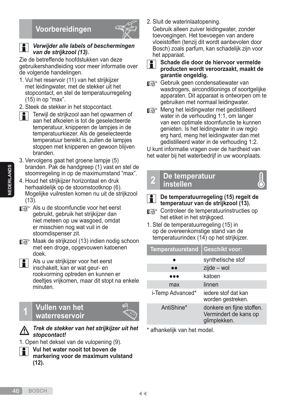 Voorbereidingen, 1 vullen van het waterreservoir, 2 de temperatuur instellen | Bosch Kompakt-Dampfgenerator Sensixx´x DI90 AntiShine TDI902836A magic night blue weiß User Manual | Page 46 / 188