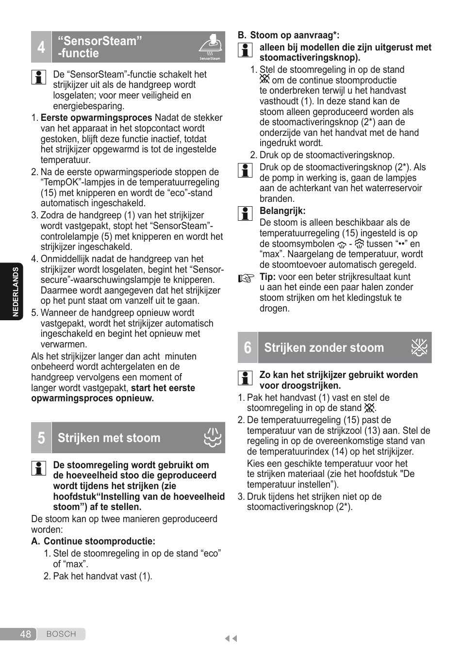 4 “sensorsteam”-functie, 5 strijken met stoom, 6 strijken zonder stoom | Bosch Kompakt-Dampfgenerator Sensixx´x DI90 AntiShine TDI902836A magic night blue weiß User Manual | Page 48 / 188