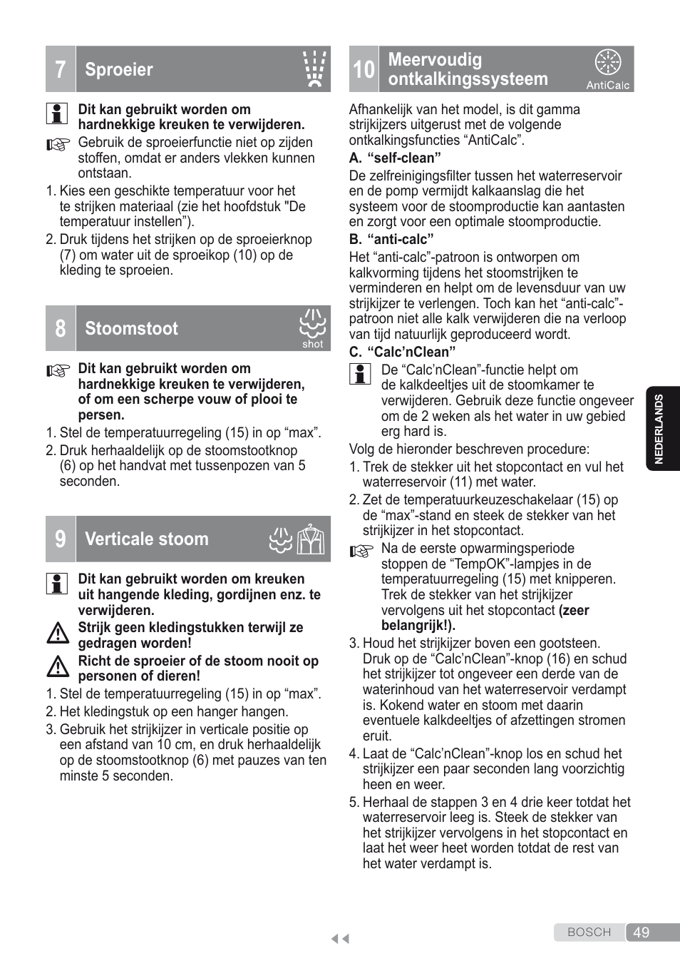 7 sproeier, 8 stoomstoot, 9 verticale stoom | 10 meervoudig ontkalkingssysteem | Bosch Kompakt-Dampfgenerator Sensixx´x DI90 AntiShine TDI902836A magic night blue weiß User Manual | Page 49 / 188