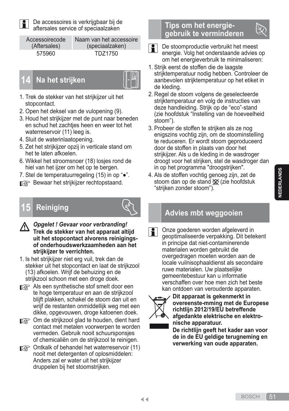 14 na het strijken, 15 reiniging, Tips om het energie-gebruik te verminderen | Advies mbt weggooien | Bosch Kompakt-Dampfgenerator Sensixx´x DI90 AntiShine TDI902836A magic night blue weiß User Manual | Page 51 / 188