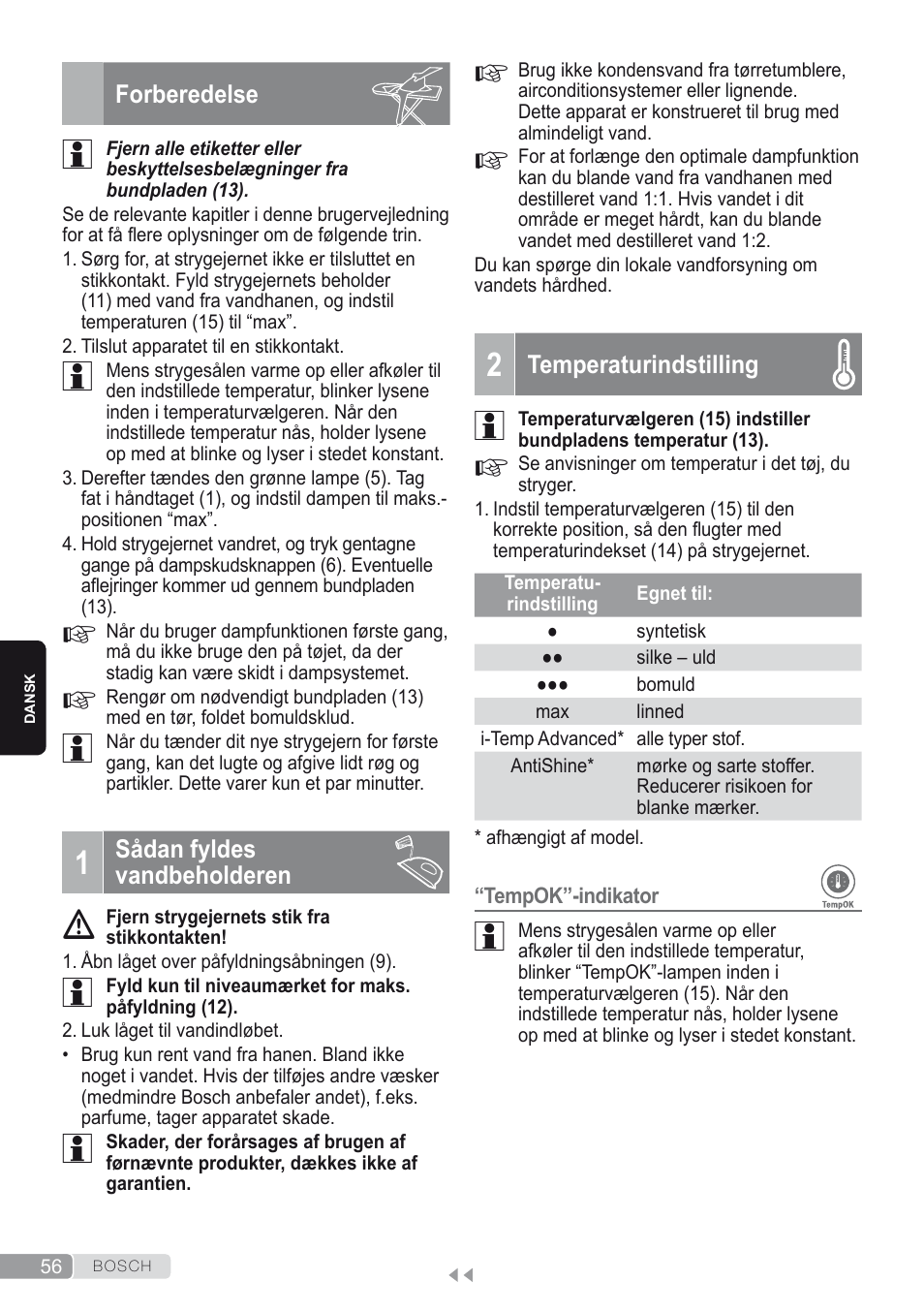 1 sådan fyldes vandbeholderen, 2 temperaturindstilling | Bosch Kompakt-Dampfgenerator Sensixx´x DI90 AntiShine TDI902836A magic night blue weiß User Manual | Page 56 / 188