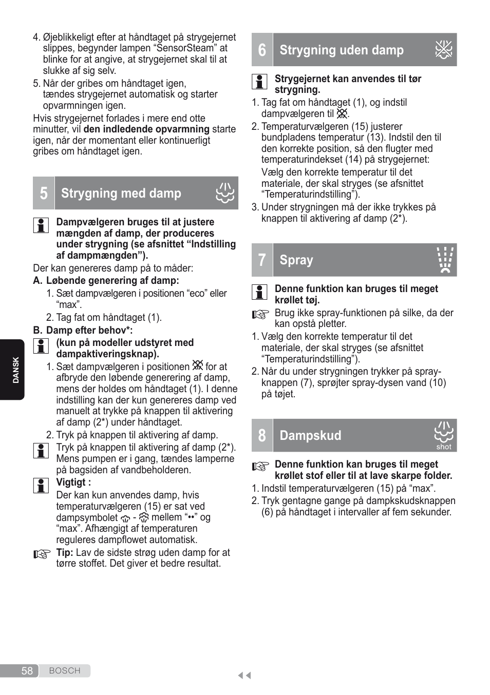 5 strygning med damp, 6 strygning uden damp, 7 spray | 8 dampskud | Bosch Kompakt-Dampfgenerator Sensixx´x DI90 AntiShine TDI902836A magic night blue weiß User Manual | Page 58 / 188