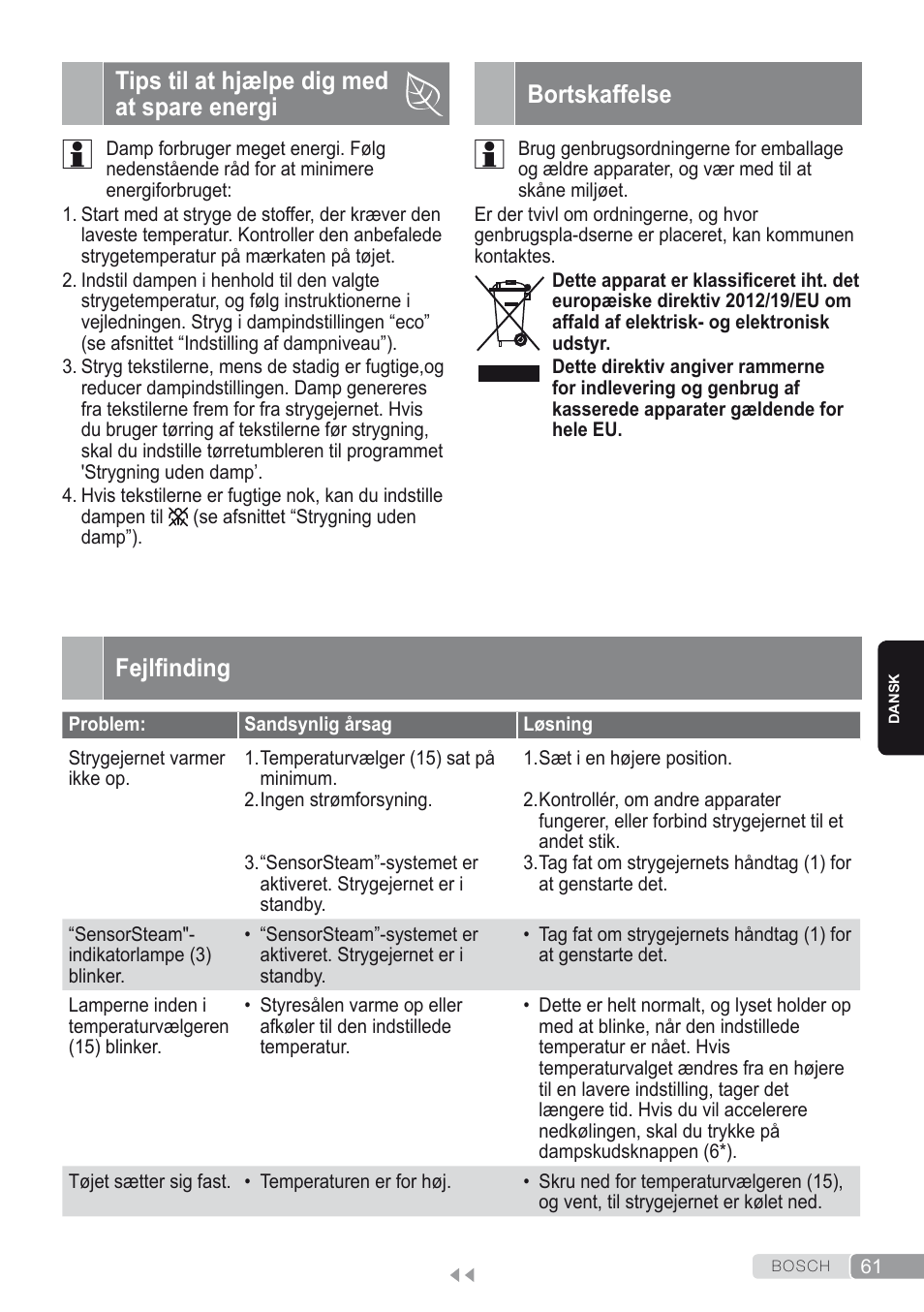 Tips til at hjælpe dig med at spare energi, Bortskaffelse, Fejlfinding | Bosch Kompakt-Dampfgenerator Sensixx´x DI90 AntiShine TDI902836A magic night blue weiß User Manual | Page 61 / 188