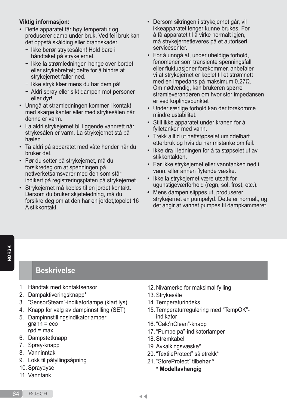 Beskrivelse | Bosch Kompakt-Dampfgenerator Sensixx´x DI90 AntiShine TDI902836A magic night blue weiß User Manual | Page 64 / 188