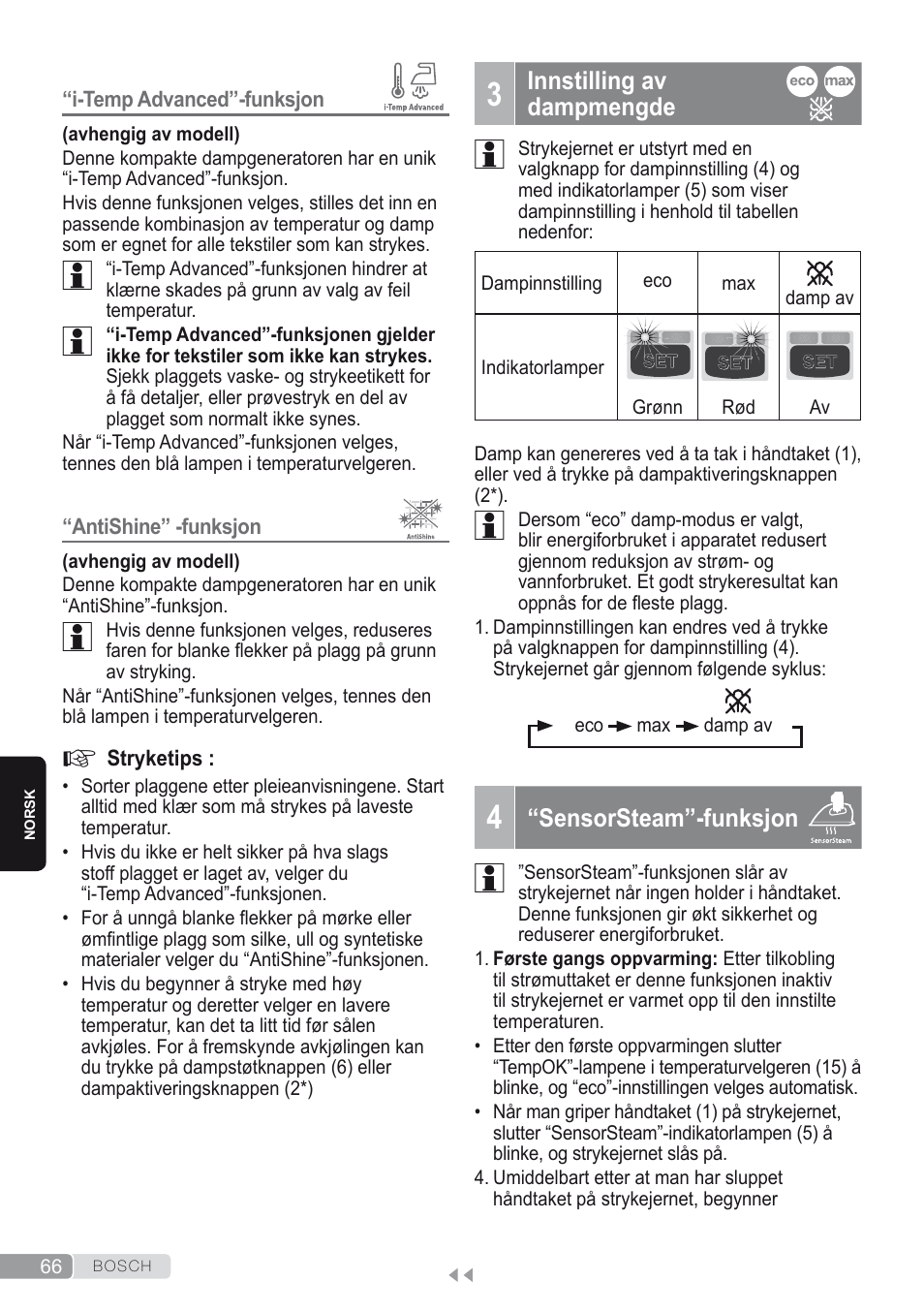 3 innstilling av dampmengde, 4 “sensorsteam”-funksjon | Bosch Kompakt-Dampfgenerator Sensixx´x DI90 AntiShine TDI902836A magic night blue weiß User Manual | Page 66 / 188