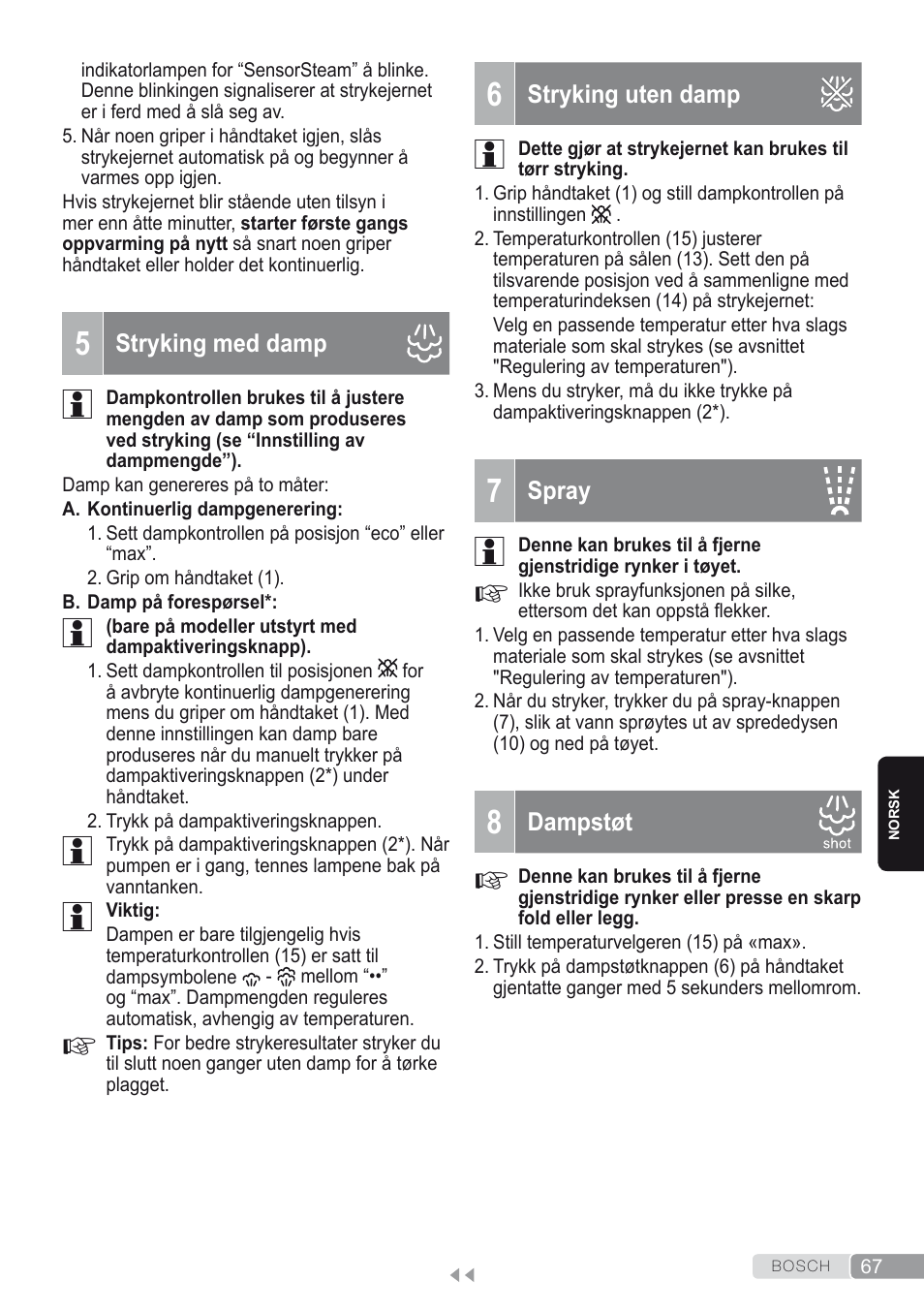 5 stryking med damp, 8 dampstøt, 7 spray | Bosch Kompakt-Dampfgenerator Sensixx´x DI90 AntiShine TDI902836A magic night blue weiß User Manual | Page 67 / 188