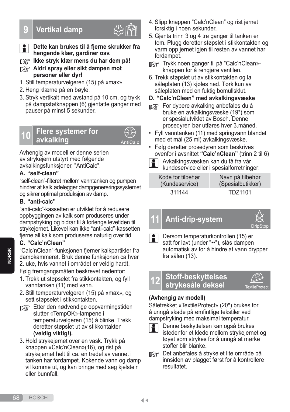9 vertikal damp, 10 flere systemer for avkalking, 11 anti-drip-system | 12 stoff-beskyttelses strykesåle deksel | Bosch Kompakt-Dampfgenerator Sensixx´x DI90 AntiShine TDI902836A magic night blue weiß User Manual | Page 68 / 188