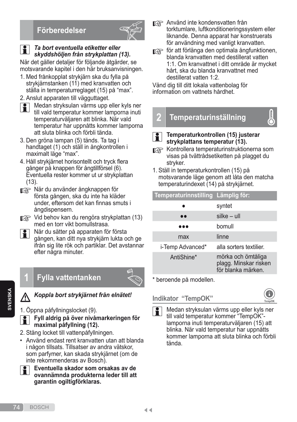 Förberedelser, 1 fylla vattentanken, 2 temperaturinställning | Bosch Kompakt-Dampfgenerator Sensixx´x DI90 AntiShine TDI902836A magic night blue weiß User Manual | Page 74 / 188