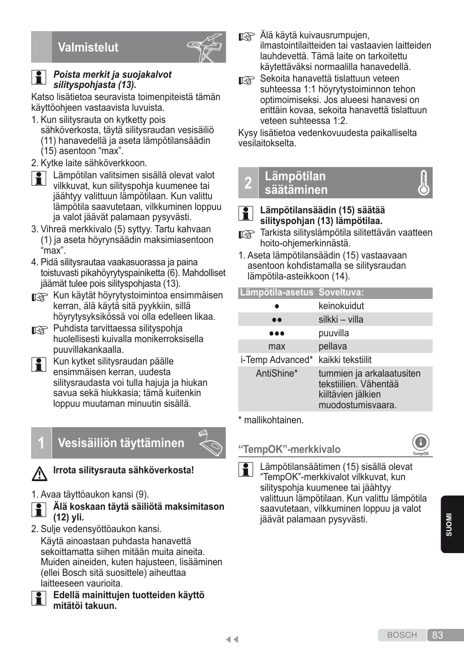 Valmistelut, 1 vesisäiliön täyttäminen, 2 lämpötilan säätäminen | Bosch Kompakt-Dampfgenerator Sensixx´x DI90 AntiShine TDI902836A magic night blue weiß User Manual | Page 83 / 188