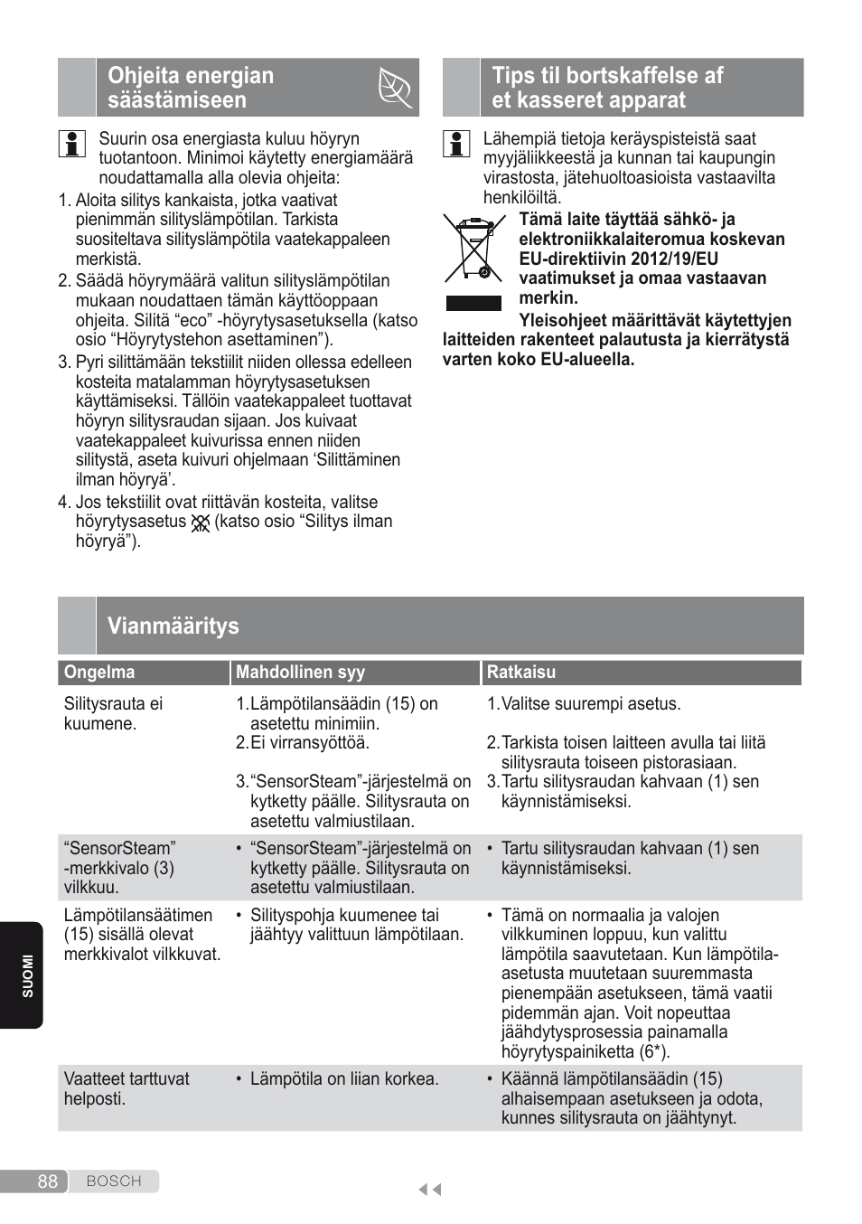 Ohjeita energian säästämiseen, Tips til bortskaffelse af et kasseret apparat, Vianmääritys | Bosch Kompakt-Dampfgenerator Sensixx´x DI90 AntiShine TDI902836A magic night blue weiß User Manual | Page 88 / 188
