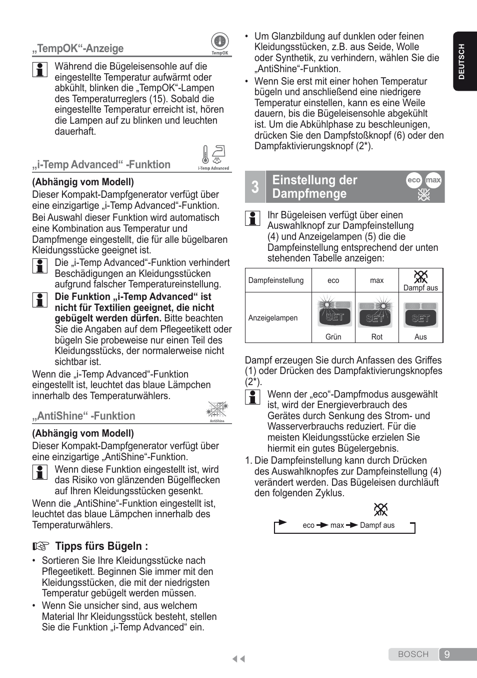 3 einstellung der dampfmenge, Einstellung der dampfmenge | Bosch Kompakt-Dampfgenerator Sensixx´x DI90 AntiShine TDI902836A magic night blue weiß User Manual | Page 9 / 188