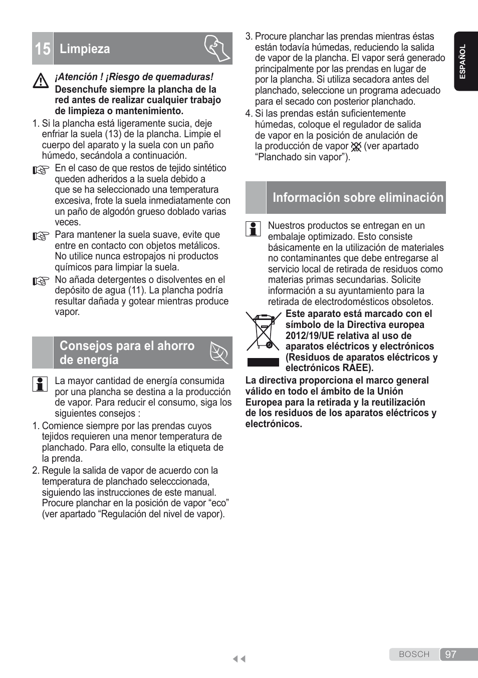 15 limpieza, Consejos para el ahorro de energía, Información sobre eliminación | Bosch Kompakt-Dampfgenerator Sensixx´x DI90 AntiShine TDI902836A magic night blue weiß User Manual | Page 97 / 188