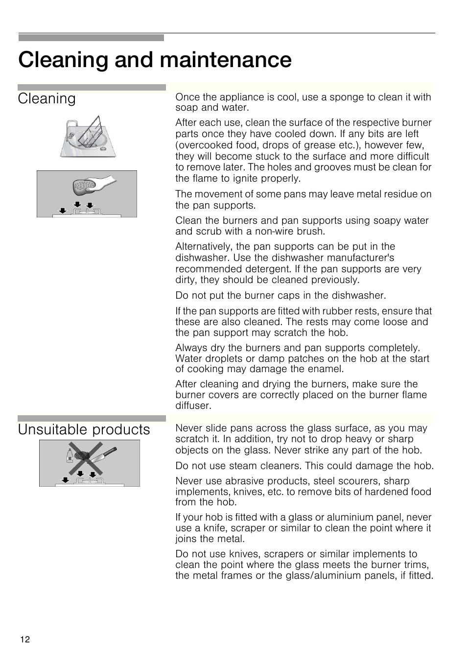 Cleaning and maintenance, Cleaning, Unsuitable products | Bosch PRS926B70E Gas-Kochstelle Glaskeramik 90 cm User Manual | Page 13 / 106
