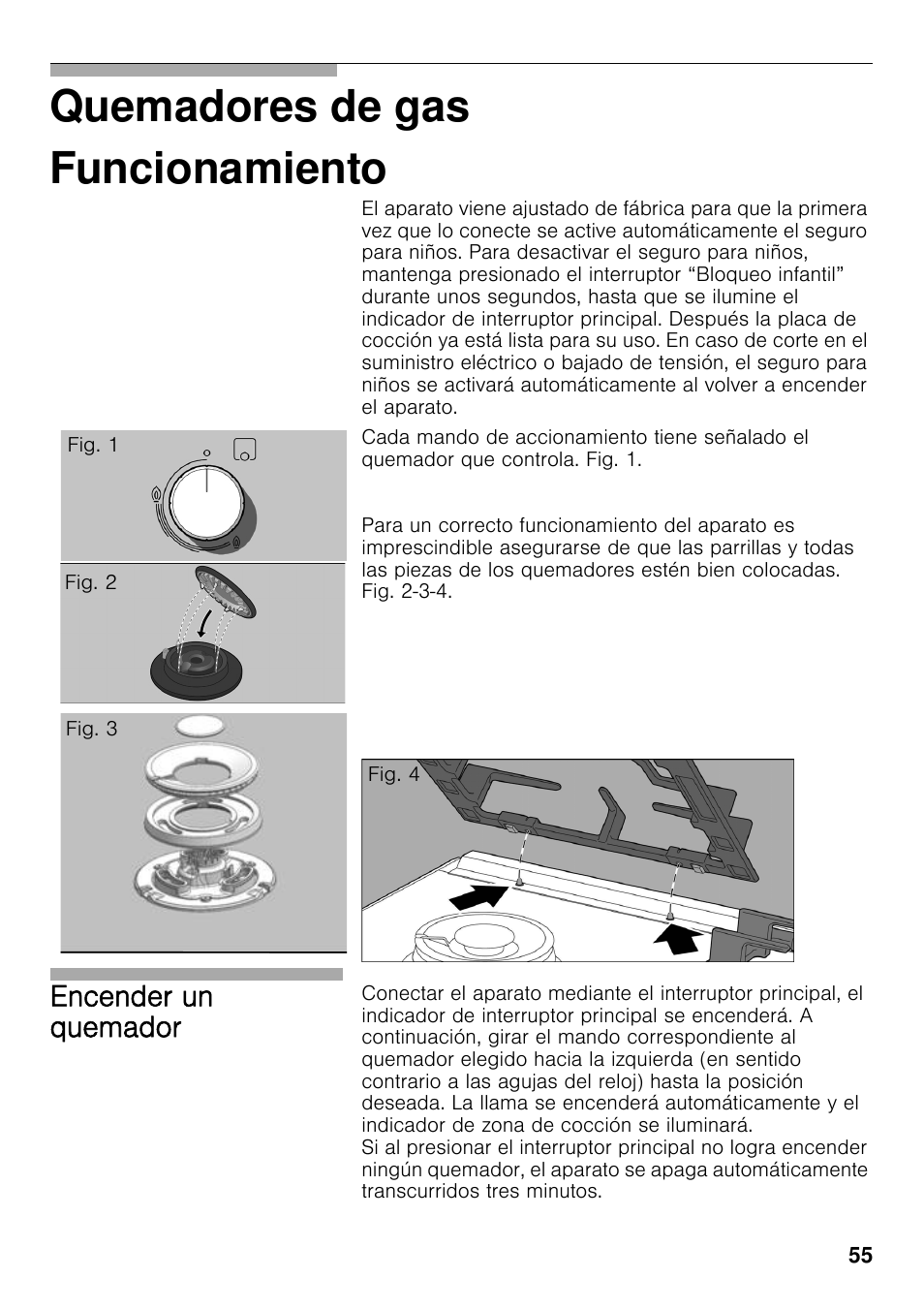 Funcionamiento, Quemadores de gas funcionamiento, Encender un quemador | Bosch PRS926F70E Gas-Kochstelle Glaskeramik 90 cm User Manual | Page 54 / 111
