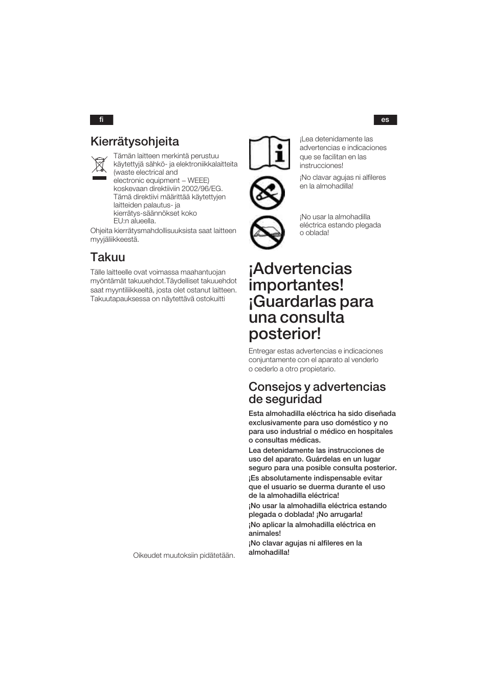 Kierrätysohjeita, Takuu, Consejos y advertencias de seguridad | Bosch PFP5030 Rücken- und Nackenkissen relaxxtherm sports User Manual | Page 22 / 47