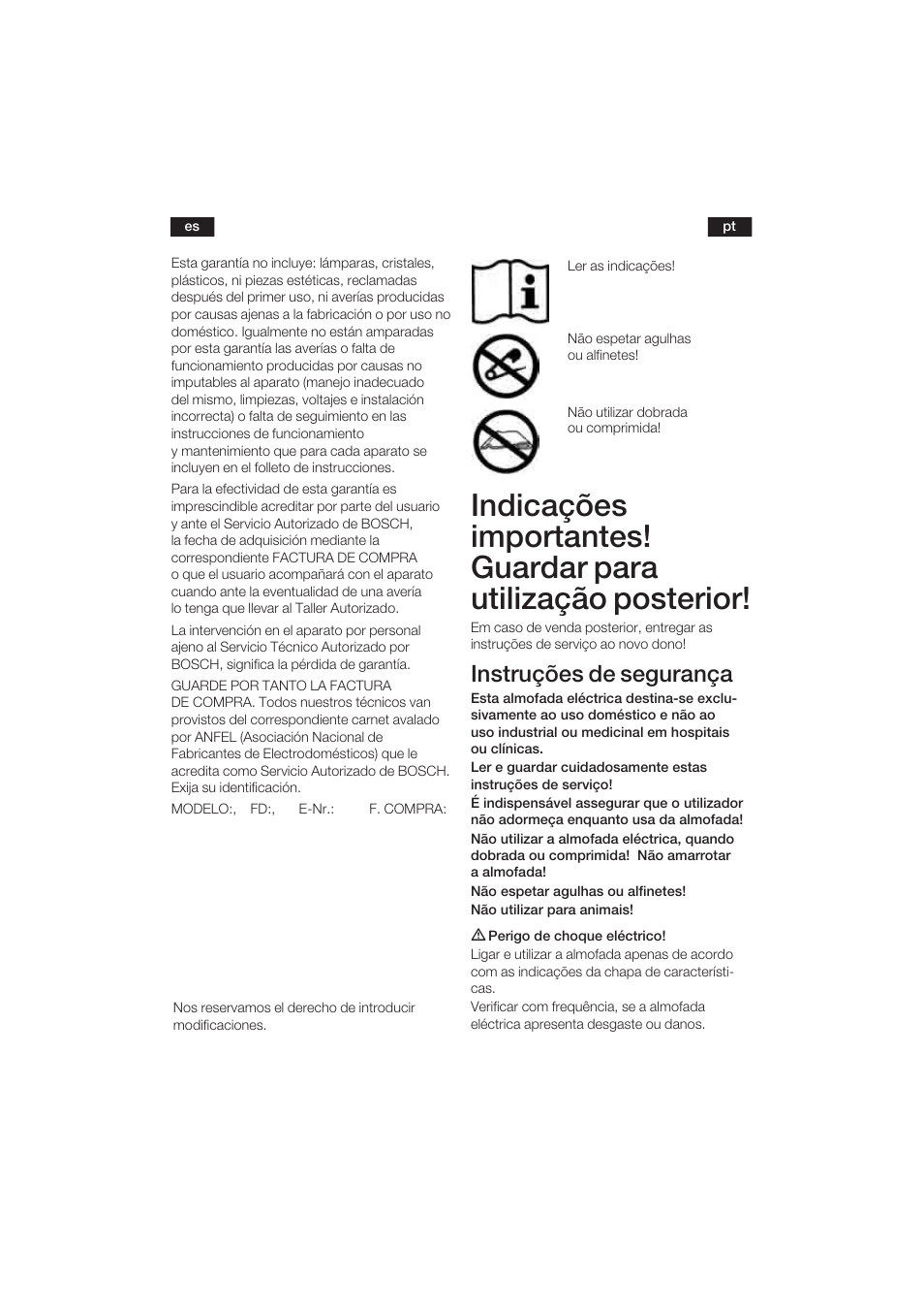 Instruções de segurança | Bosch PFP5030 Rücken- und Nackenkissen relaxxtherm sports User Manual | Page 25 / 47
