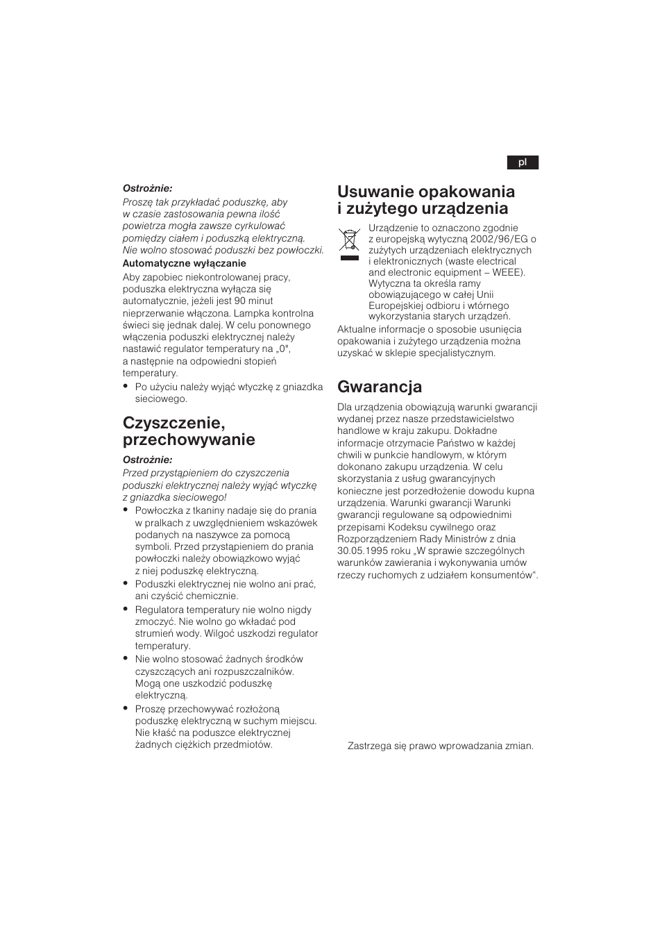 Czyszczenie, przechowywanie, Usuwanie opakowania i zu¿ytego urz¹dzenia, Gwarancja | Bosch PFP5030 Rücken- und Nackenkissen relaxxtherm sports User Manual | Page 34 / 47