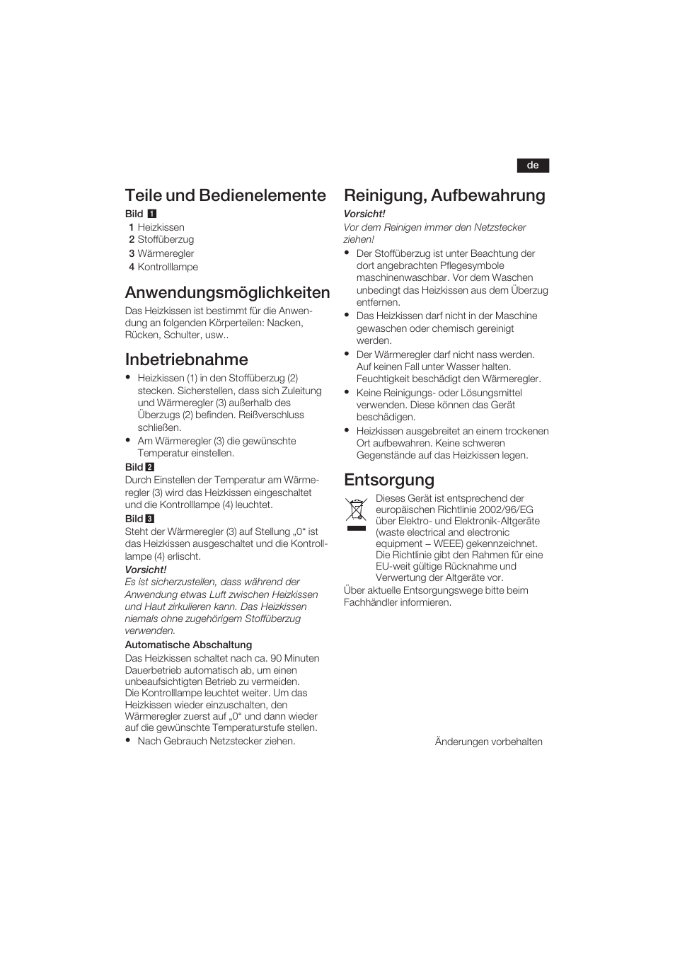 Teile und bedienelemente, Inbetriebnahme, Reinigung, aufbewahrung | Entsorgung, Anwendungsmöglichkeiten | Bosch PFP5030 Rücken- und Nackenkissen relaxxtherm sports User Manual | Page 4 / 47