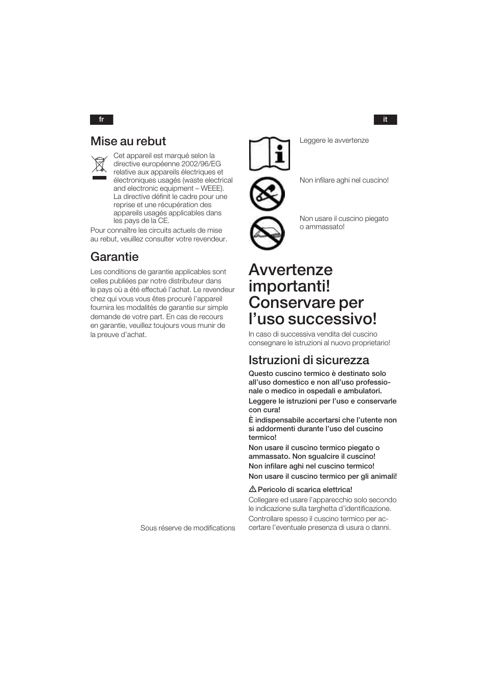 Mise au rebut, Garantie, Istruzioni di sicurezza | Bosch PFP5030 Rücken- und Nackenkissen relaxxtherm sports User Manual | Page 9 / 47