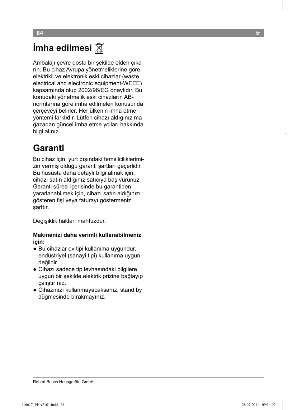 Imha edilmesi, Garanti | Bosch PHA2101 Warmluftstylingbürste StarShine CurlStyle User Manual | Page 66 / 97