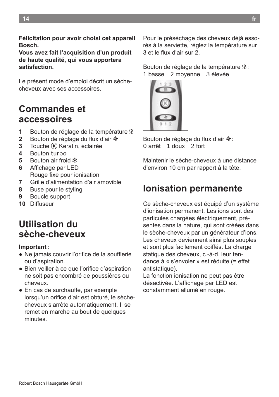 Commandes et accessoires, Utilisation du sèche-cheveux, Ionisation permanente | Bosch PHD5987 Haartrockner BrilliantCare Keratin Advance User Manual | Page 16 / 112
