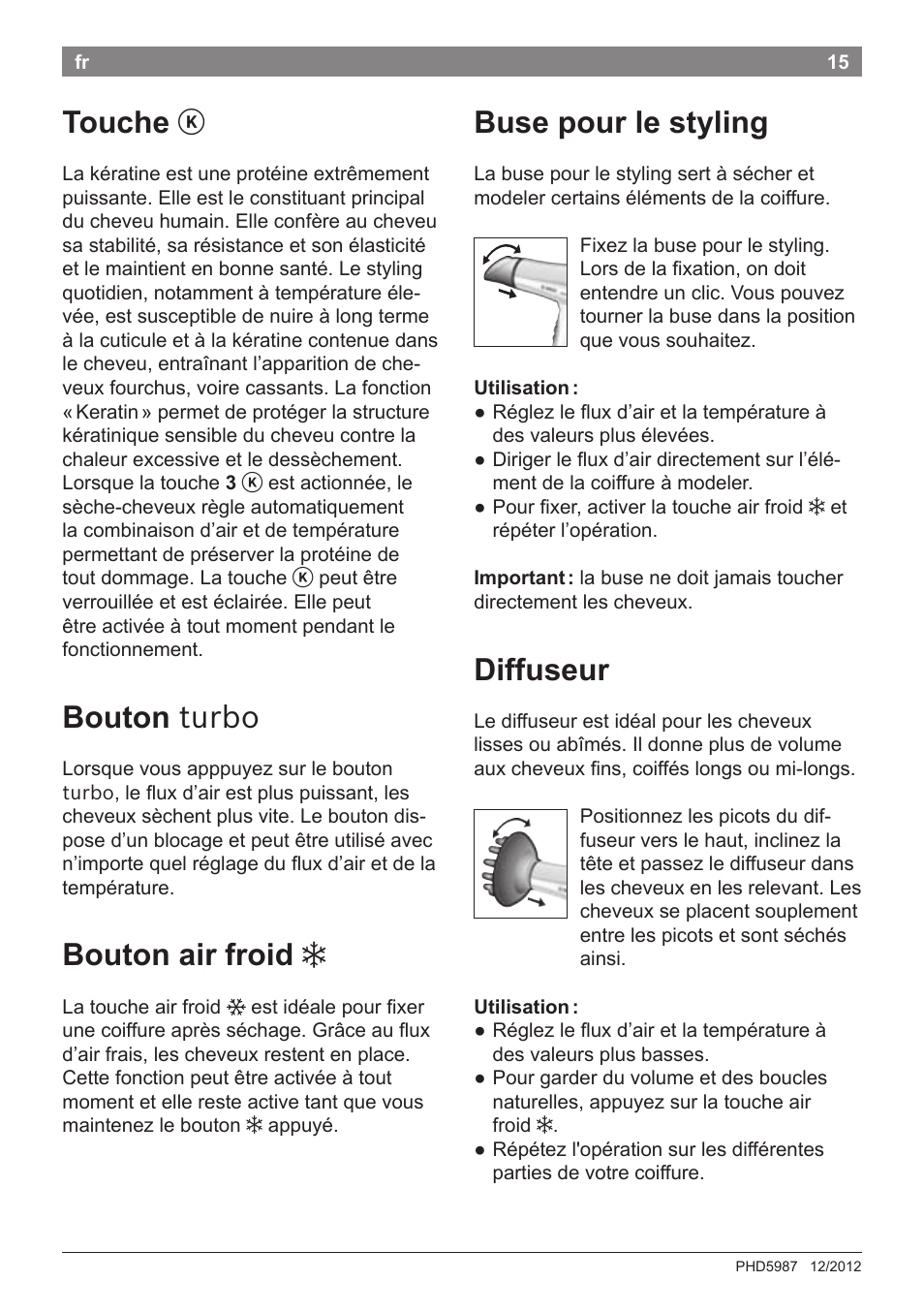 Touche, Bouton turbo, Bouton air froid | Buse pour le styling, Diffuseur | Bosch PHD5987 Haartrockner BrilliantCare Keratin Advance User Manual | Page 17 / 112