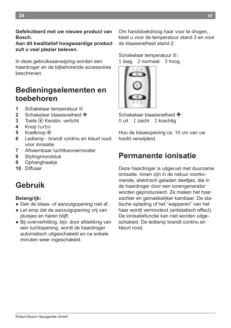 Bedieningselementen en toebehoren, Gebruik, Permanente ionisatie | Bosch PHD5987 Haartrockner BrilliantCare Keratin Advance User Manual | Page 26 / 112