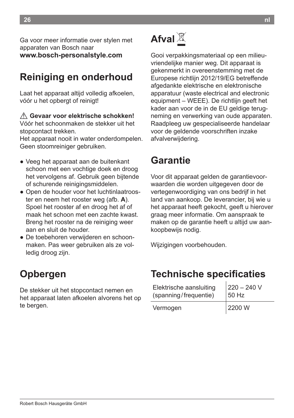 Reiniging en onderhoud, Opbergen, Afval | Garantie, Technische specificaties | Bosch PHD5987 Haartrockner BrilliantCare Keratin Advance User Manual | Page 28 / 112