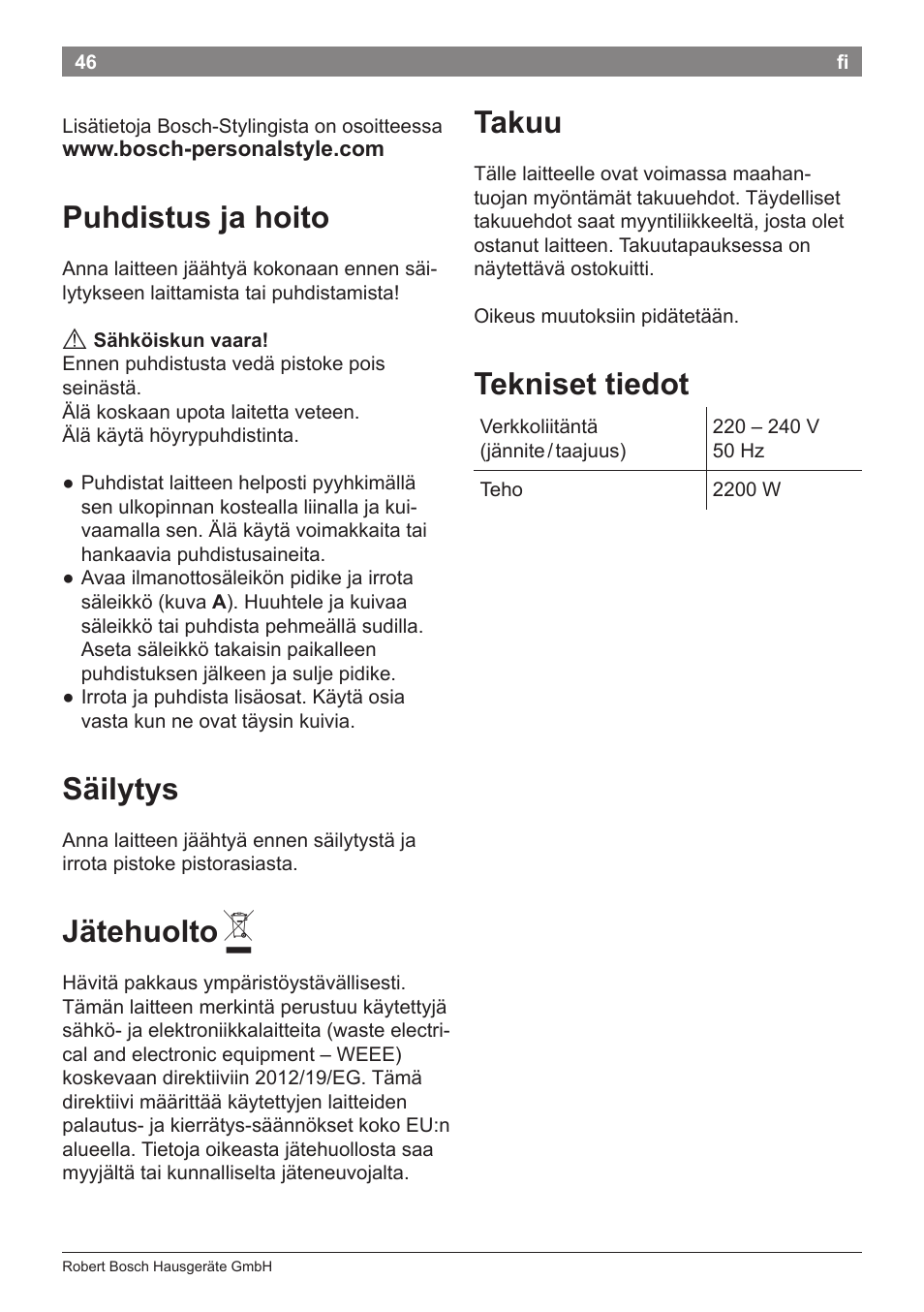 Puhdistus ja hoito, Säilytys, Jätehuolto | Takuu, Tekniset tiedot | Bosch PHD5987 Haartrockner BrilliantCare Keratin Advance User Manual | Page 48 / 112