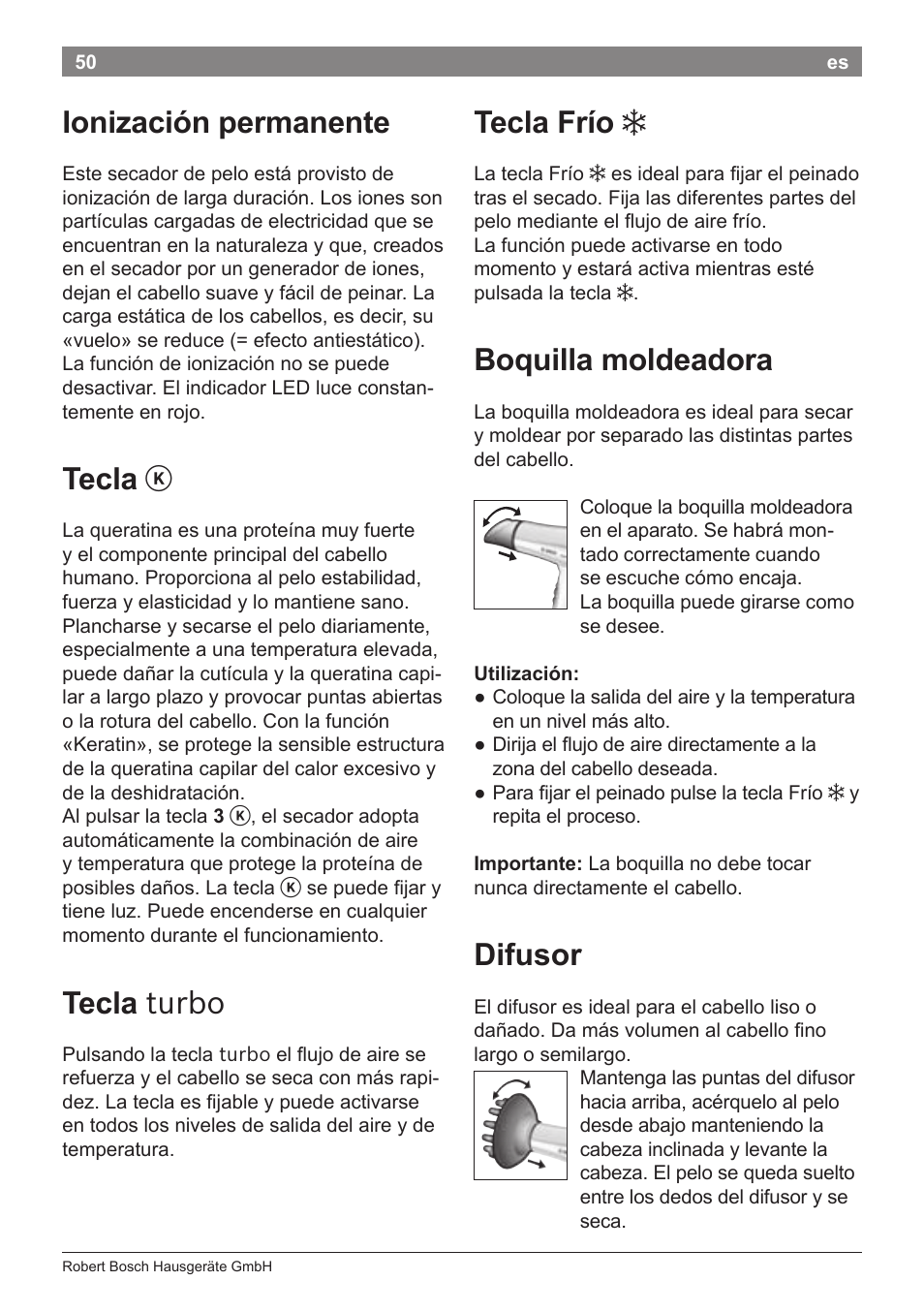 Ionización permanente, Tecla, Tecla turbo | Tecla frío, Boquilla moldeadora, Difusor | Bosch PHD5987 Haartrockner BrilliantCare Keratin Advance User Manual | Page 52 / 112