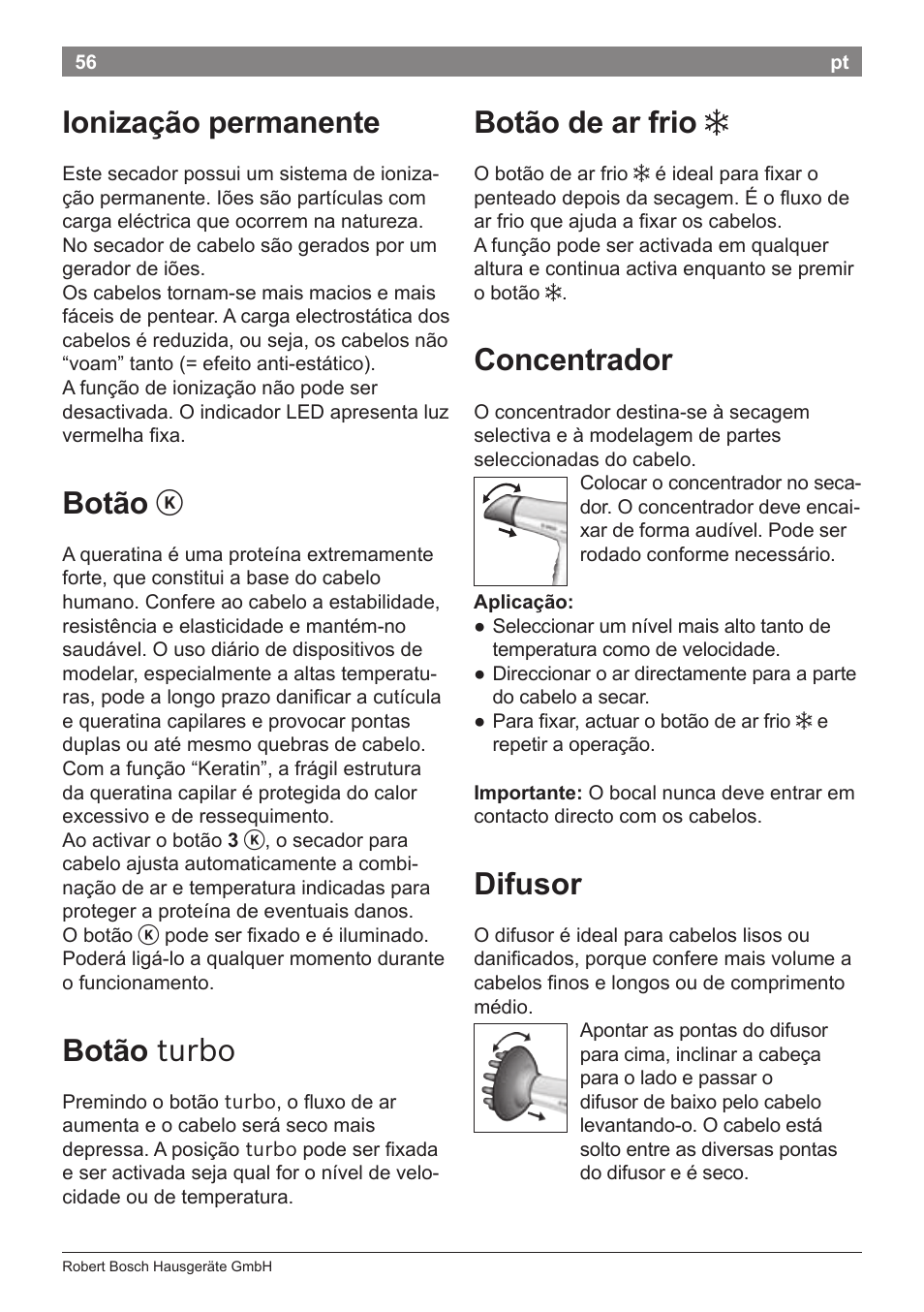 Ionização permanente, Botão, Botão turbo | Botão de ar frio, Concentrador, Difusor | Bosch PHD5987 Haartrockner BrilliantCare Keratin Advance User Manual | Page 58 / 112