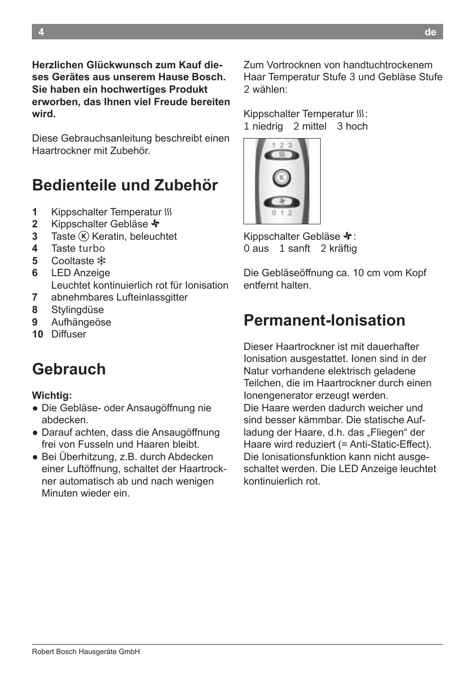 Bedienteile und zubehör, Gebrauch, Permanent-ionisation | Bosch PHD5987 Haartrockner BrilliantCare Keratin Advance User Manual | Page 6 / 112