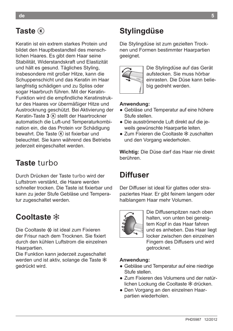 Taste, Taste turbo, Cooltaste | Stylingdüse, Diffuser | Bosch PHD5987 Haartrockner BrilliantCare Keratin Advance User Manual | Page 7 / 112