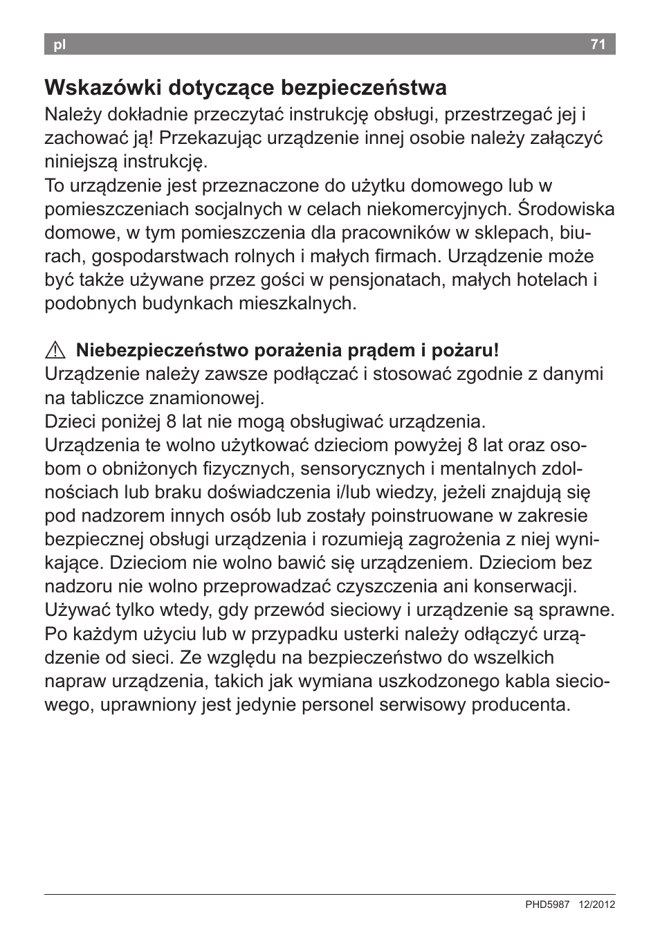 Wskazówki dotyczące bezpieczeństwa | Bosch PHD5987 Haartrockner BrilliantCare Keratin Advance User Manual | Page 73 / 112
