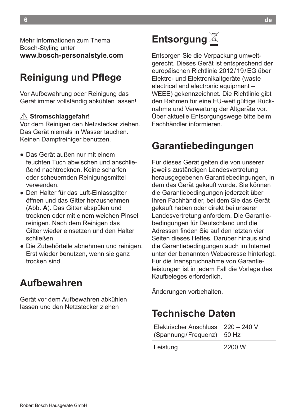 Reinigung und pflege, Aufbewahren, Entsorgung | Garantiebedingungen, Technische daten | Bosch PHD5987 Haartrockner BrilliantCare Keratin Advance User Manual | Page 8 / 112