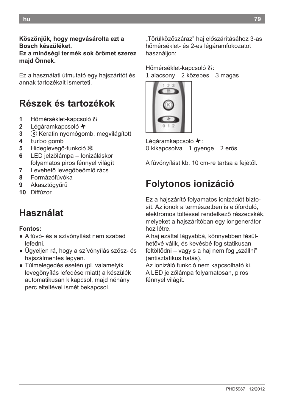 Részek és tartozékok, Használat, Folytonos ionizáció | Bosch PHD5987 Haartrockner BrilliantCare Keratin Advance User Manual | Page 81 / 112