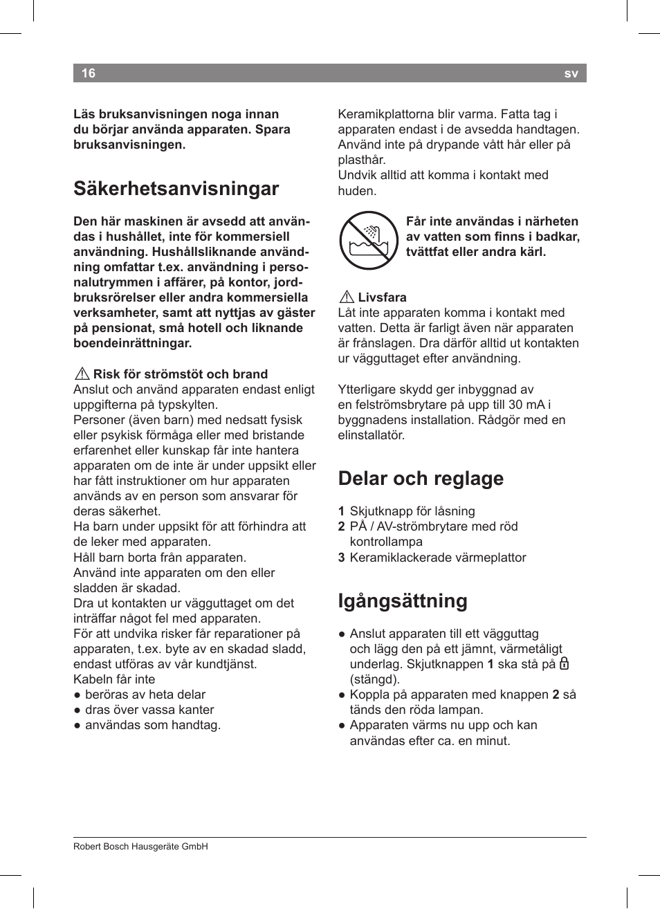 Säkerhetsanvisningar, Delar och reglage, Igångsättning | Bosch PHS2004 Haarglätter Purple Passion User Manual | Page 18 / 50