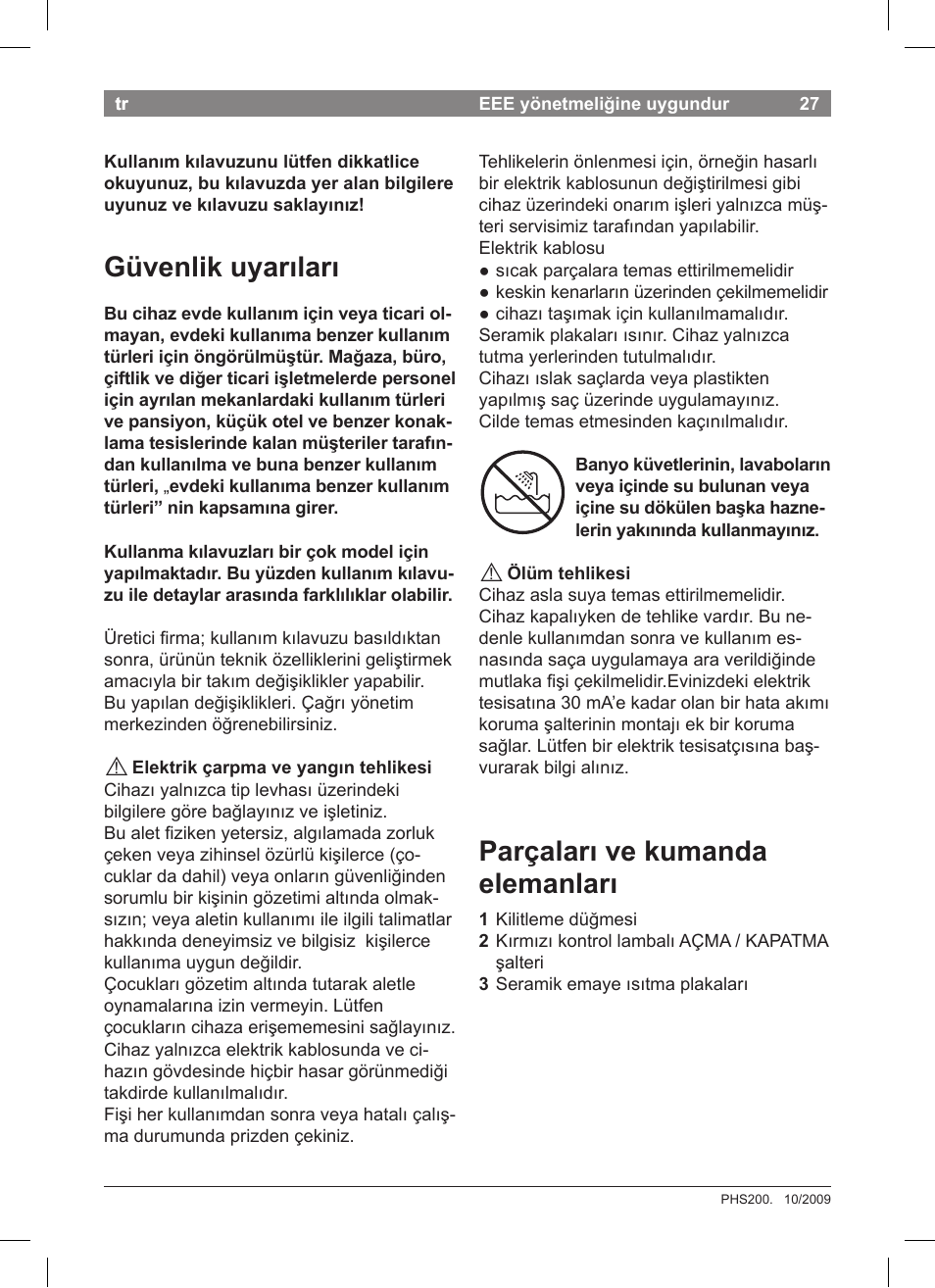 Güvenlik uyarıları, Parçaları ve kumanda elemanları | Bosch PHS2004 Haarglätter Purple Passion User Manual | Page 29 / 50