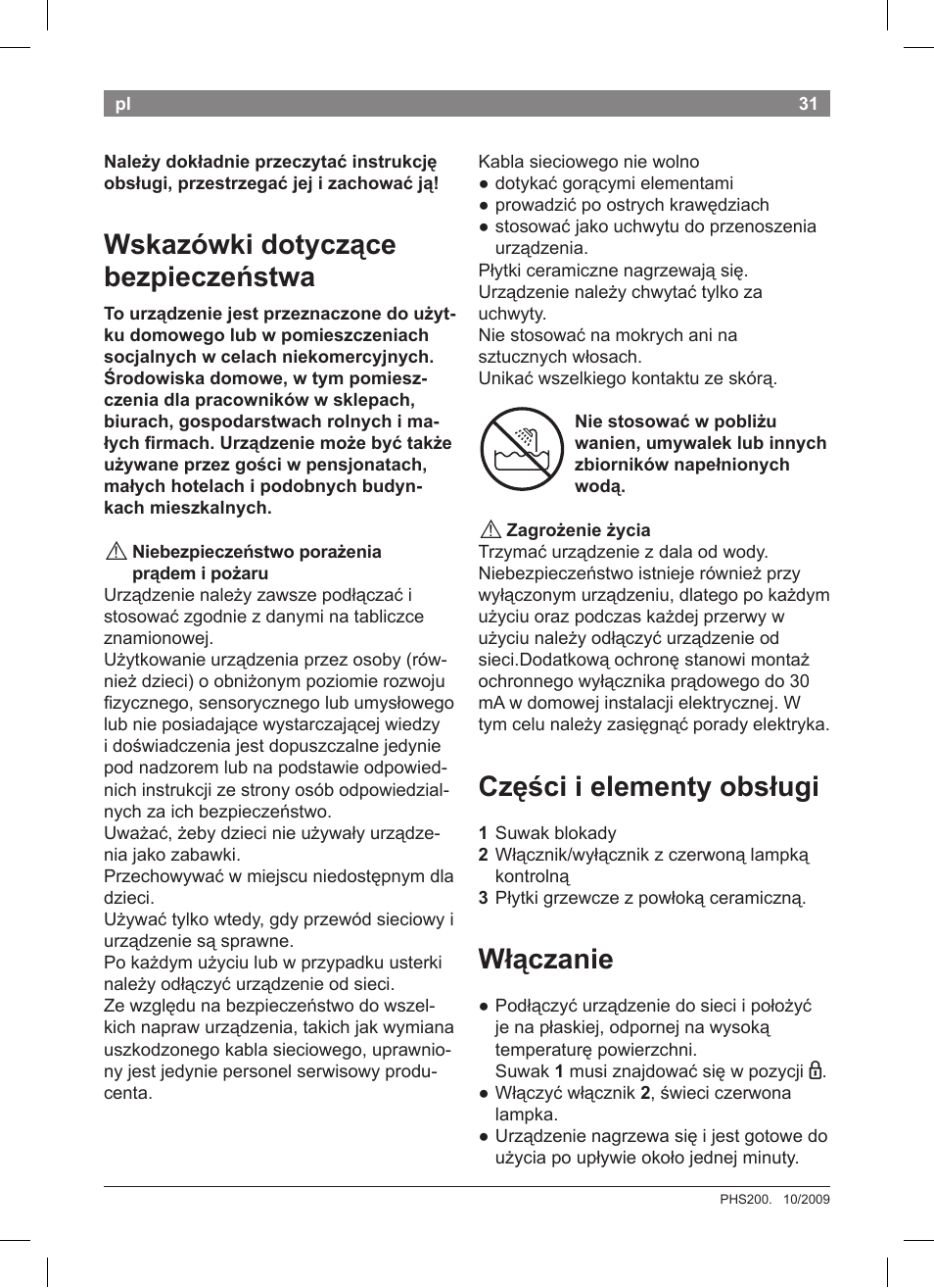 Wskazówki dotyczące bezpieczeństwa, Części i elementy obsługi, Włączanie | Bosch PHS2004 Haarglätter Purple Passion User Manual | Page 33 / 50