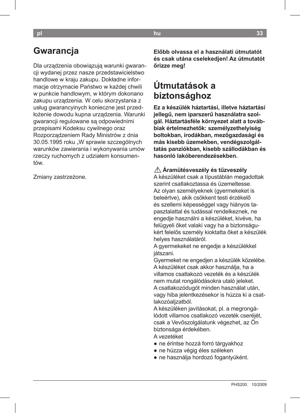 Útmutatások a biztonsághoz, Gwarancja | Bosch PHS2004 Haarglätter Purple Passion User Manual | Page 35 / 50